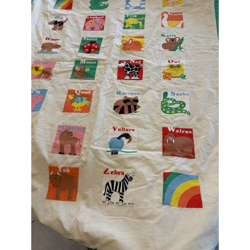 Vintage ABC Animal Patchwork Green Border Baby Quilt 45x33in